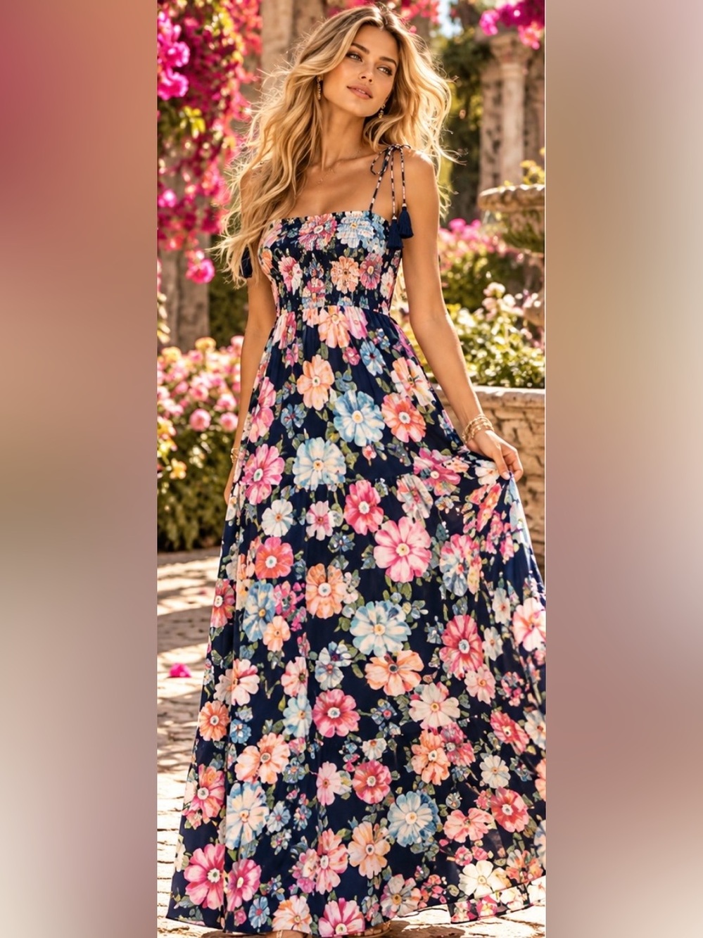 Maaji Midnight Garden Bewitched Floral Maxi Dress Smocked Tassel NWT Medium